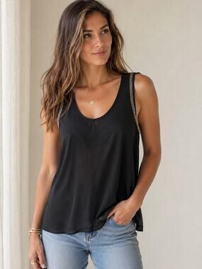 Flawless Black Embellished Shoulder Tank Top Sheer Overlay Size L